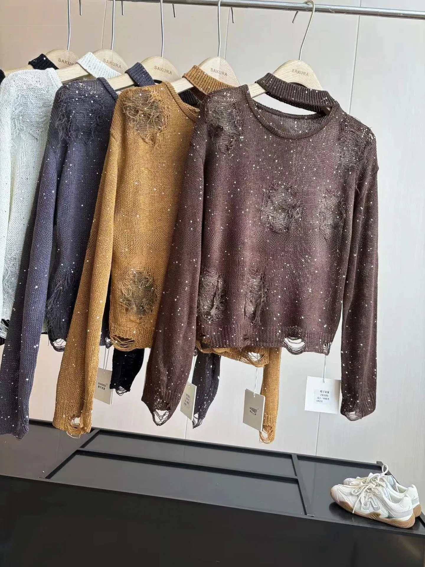 DIYI Design Sparkling Sequin Water Diamond Hole Micro Translucent Knitted round Neck Long Sleeve Wool Cashmere Overhead Sweater
