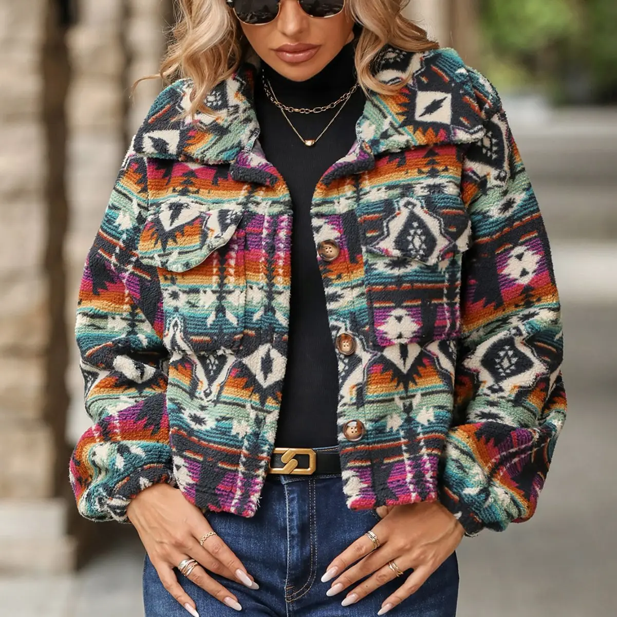 Women's clothing autumn and winter new item ethnic style printed loose long sleeved short jacket women's woolen jacket