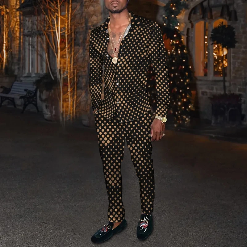 

Fashion Summer Men Casual Sportswear 3D Print Striped Patches Men's Lapel Long Sleeve Shirt Long Pants 2 Piece Sets Clothing