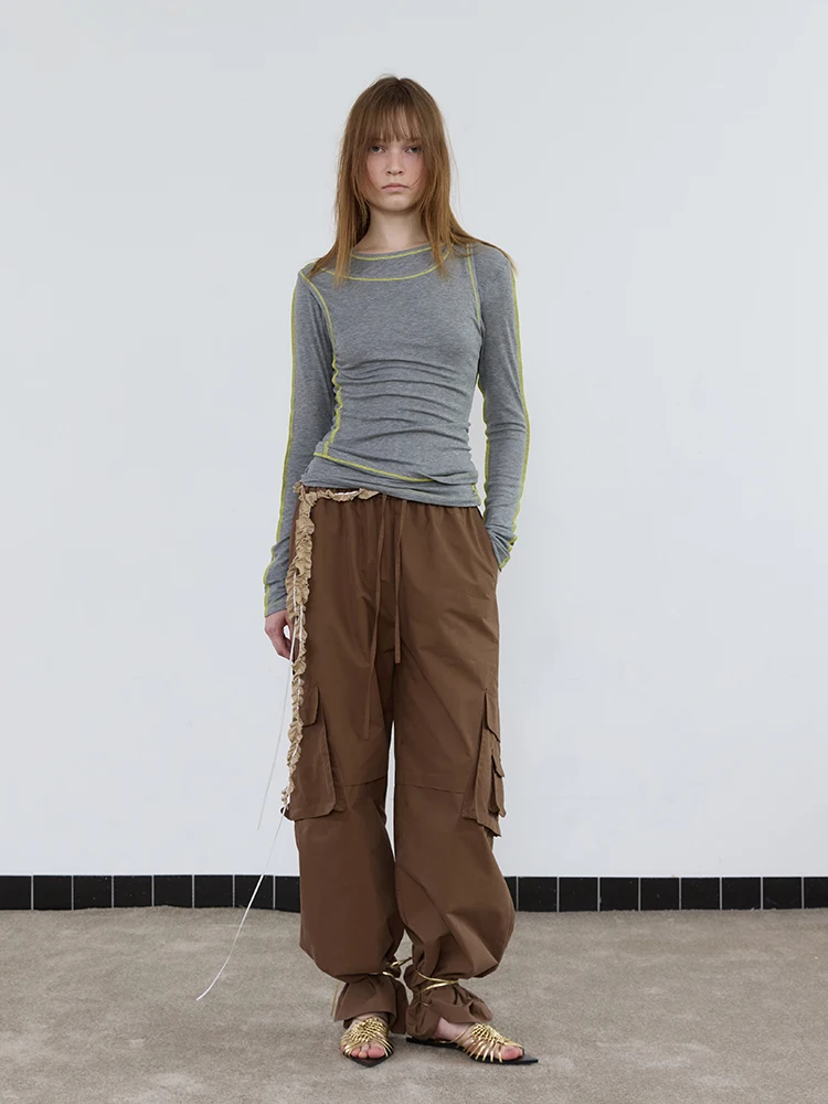 

Nylon Fce Mist Workwear Pants Wide Leg Loose Straight Casual Trousers Elastic Waist Paratrooper Pants Ladies Faion