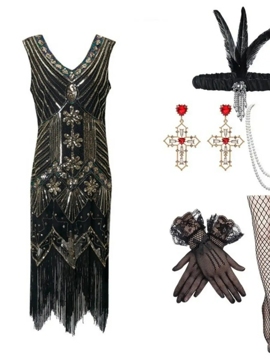 Suknia wieczorowa w stylu retro lat 90., inspirowana Gatsby'owymi latami, z frędzlami, duży rozmiar, dekolt w serek, zestaw, tradycyjny kostium damski, strój na występy sceniczne.