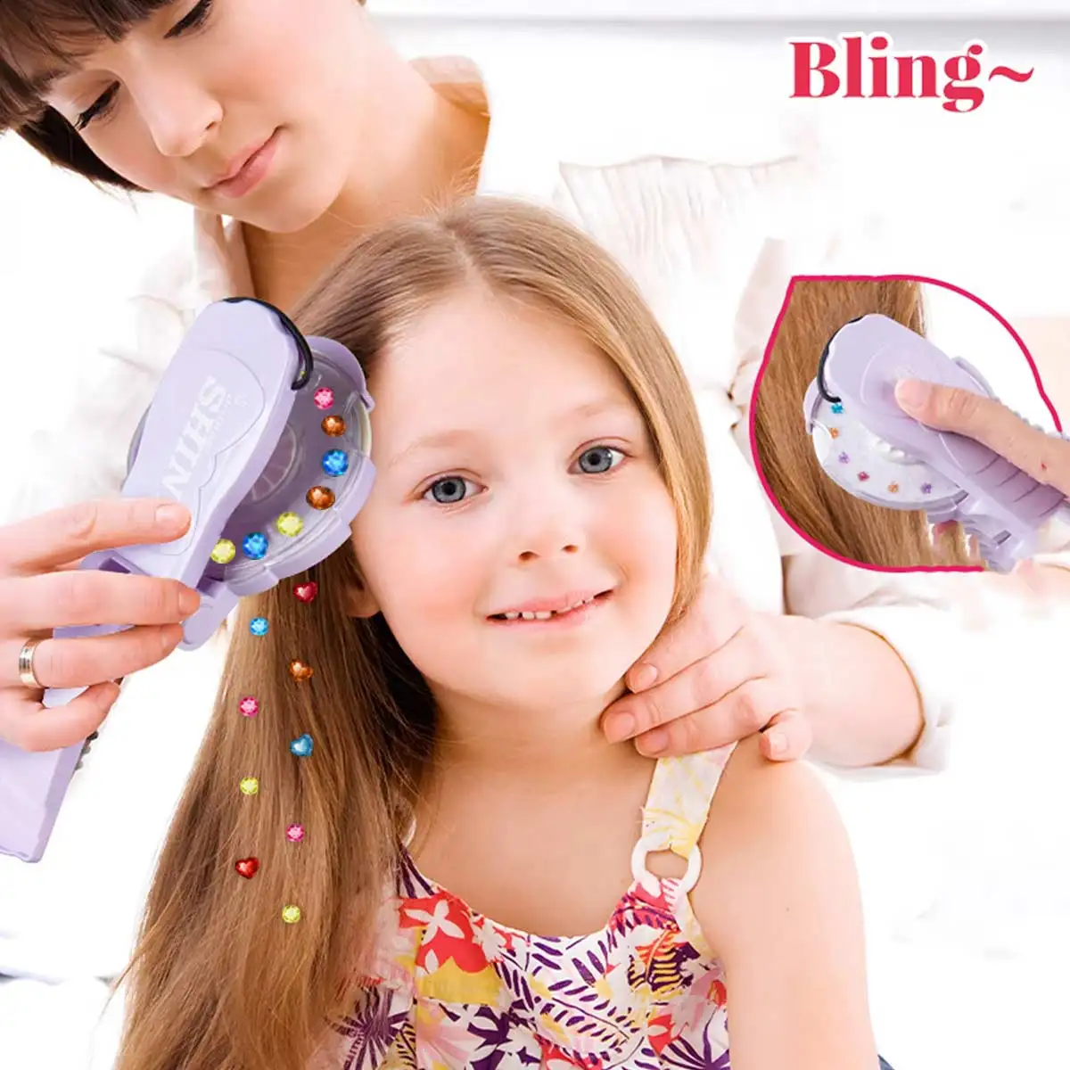 Kids Beauty Pretend Play Toy, Simulation Cosmetics, Girls DIY Hair Gem Stamper Bling Bedazzler Stamping Machine for Girls Gifts