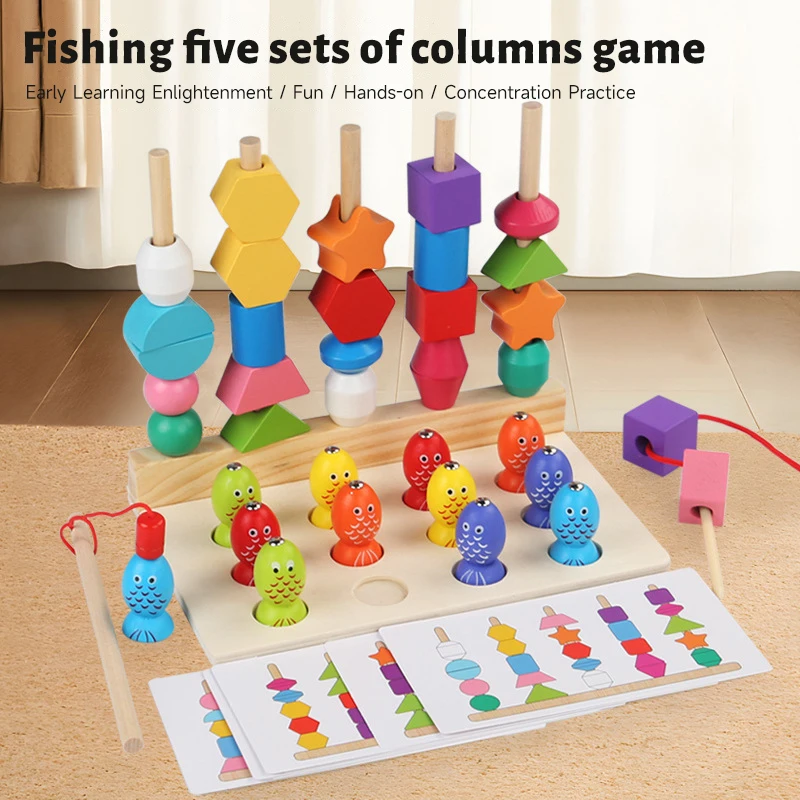 Montessori Wooden Puzzle Game Toy Children Early Educational Color Shape Matching Threading Fine Motor Skills Practice Toys Gift