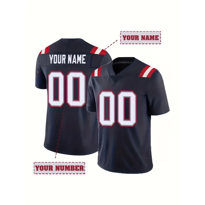 Customized Name And Number Men's Embroidered American Football Jersey New England Blue V-Neck Personalized Short Sleeved Shirt