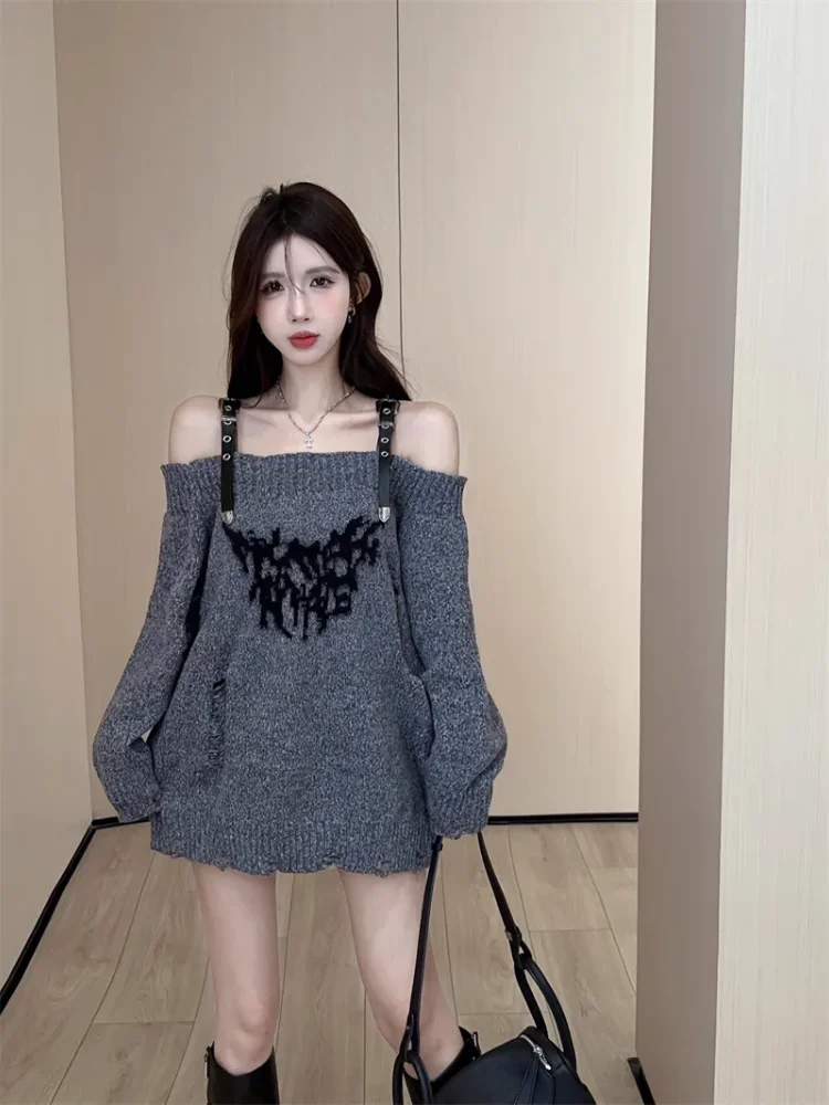 Women\'s Grey Gothic Pullover Knitted Sweater Harajuku Korean Y2k Long Sleeves Jumper Sweaters Vintage 2000s Clothes 2024 Autumn