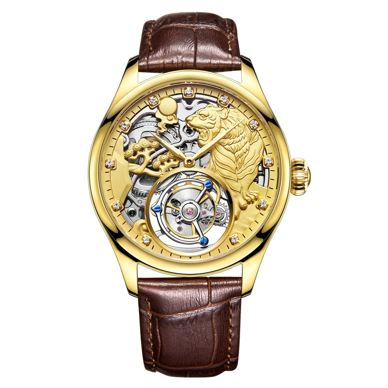 AESOP（manual 7013G）Men Tourbillon Watch Tiger Relief Skeleton Mechanical, Sapphire Mirror, Genuine Leather Strap, Ready Stock MY