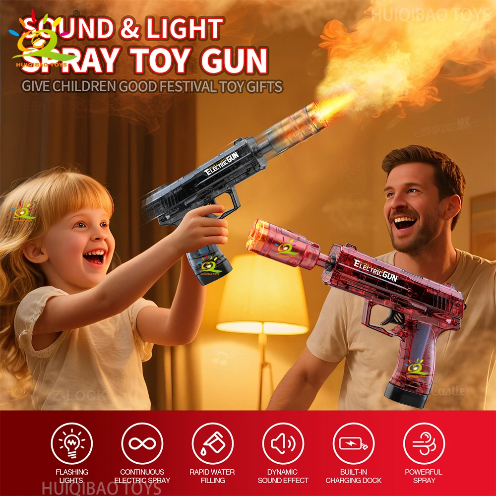 HUIQIBAO USP Elektryczny pistolet automatyczny z diodami LED, pistolet wystrzeliwujący dym, zabawka z automatycznym czujnikiem i światłem, pistolet do zabawy na zewnątrz dla dorosłych