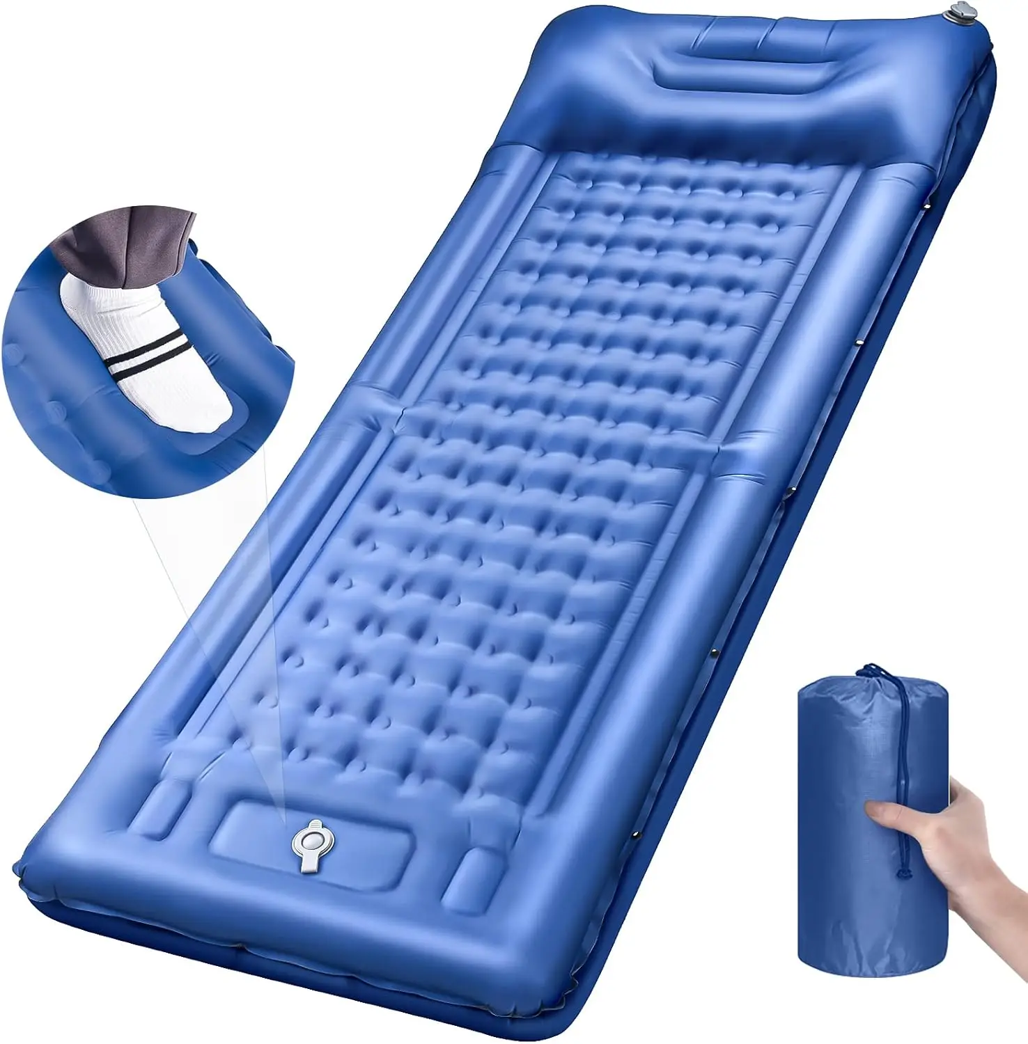 

Extra Thick 5' Inflatable Sleeping Pad with Built-in Pillow & Pump, Oversized Portable Camping Mattress (Blue, Single)