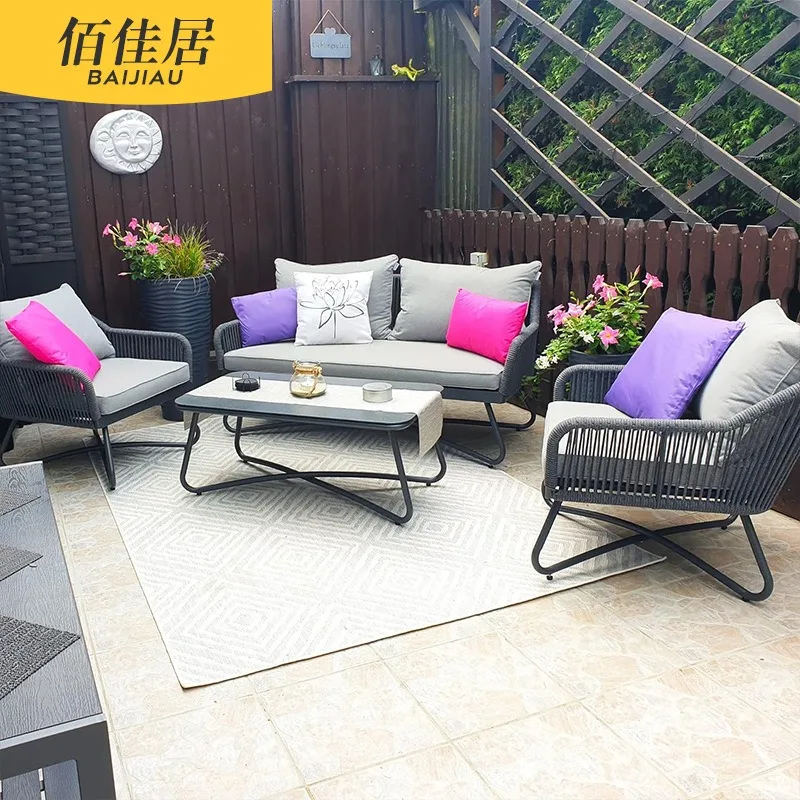 Outdoor rattan sofa combination single double triple coffee table Nordic style outdoor courtyard villa hotel flower