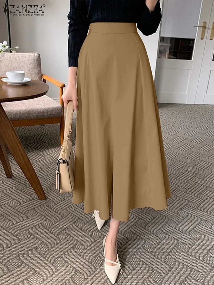 Mulheres elegantes cintura alta ol saias de trabalho zanzea 2025 elegante festa vestido casual sólido midi saia moda uma linha falda saia