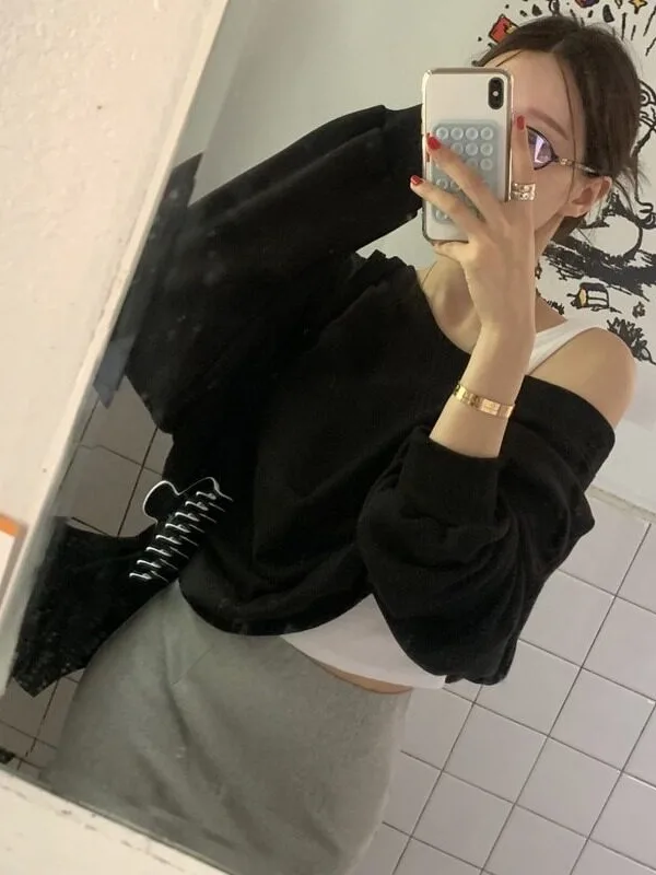 Korean Style Thickened Long Sleeve Shoulder Bared Pure Color Hoodie Women's Fashionable Spring Autumn Winter Streetwear Sweat...