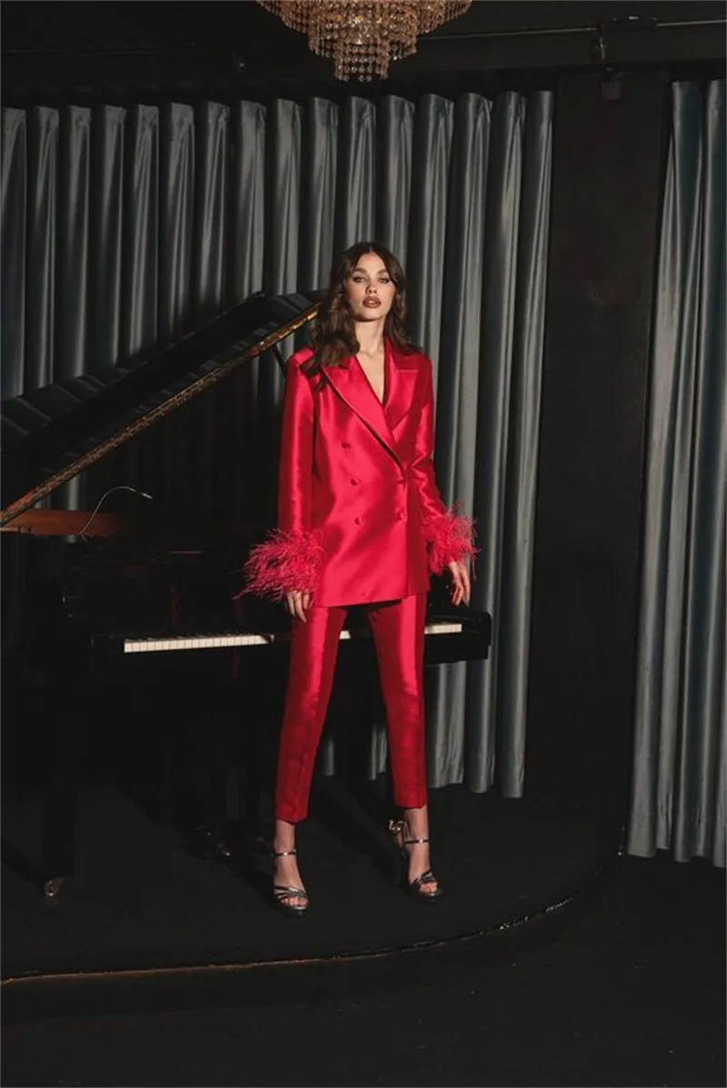 

Red Satin Women Suits Pants Set 2 Pcs Luxury Ostrich Feather Jacket+Trousers Tailored Double Breasted Prom Dress Женский костюм