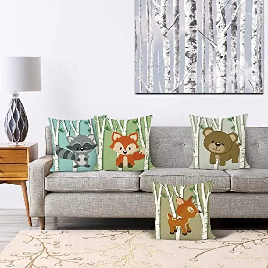 Forest Animal Pillow Case Set of 4 Deer Fox Bear Raccoon Decorative Throw Pillowcases Linen for Sofa Couch Kids Classroom Decor