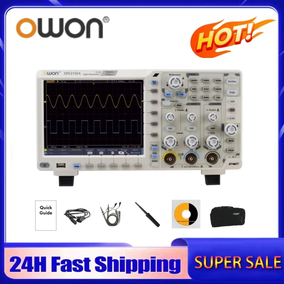 OWON XDS2102A Osiloscopio Digital Oscilloscope 1GS/s 100MHz 2CH 20 Mpts Record Length 12 bits Multimeter Oscilloscope Generator