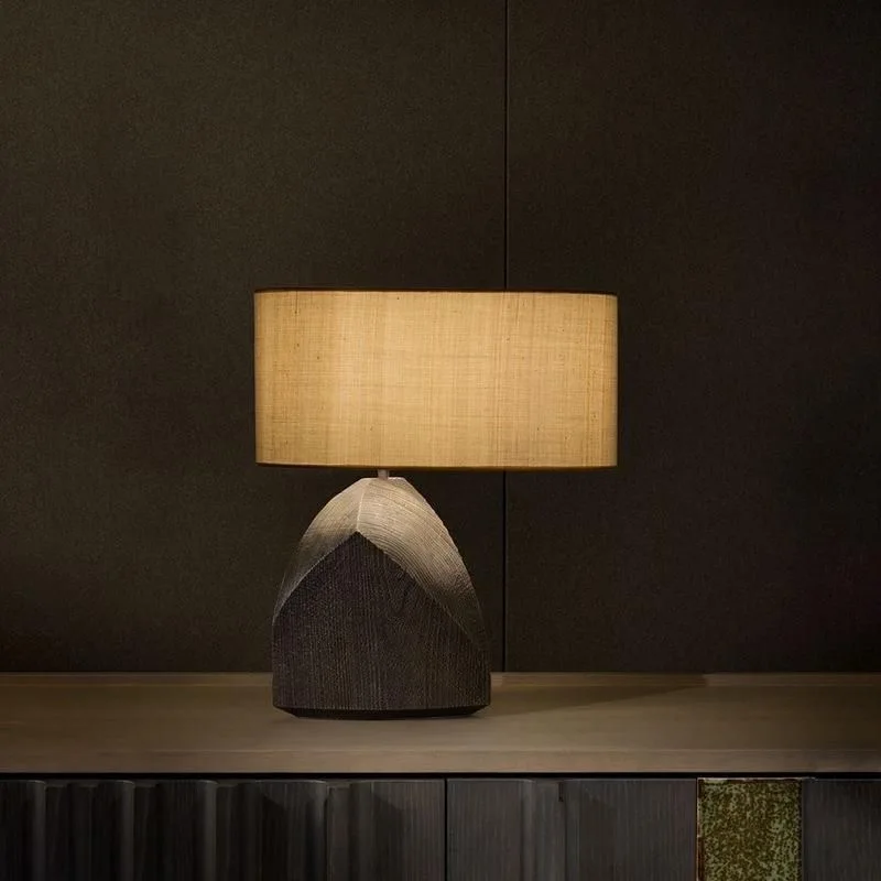 Wabi Sabi Wood Grain Resin Table Lamp Japanese Minimalist Linen Shade Bedside Desk Lamp For Bedroom Living Room Cafe Home Decor
