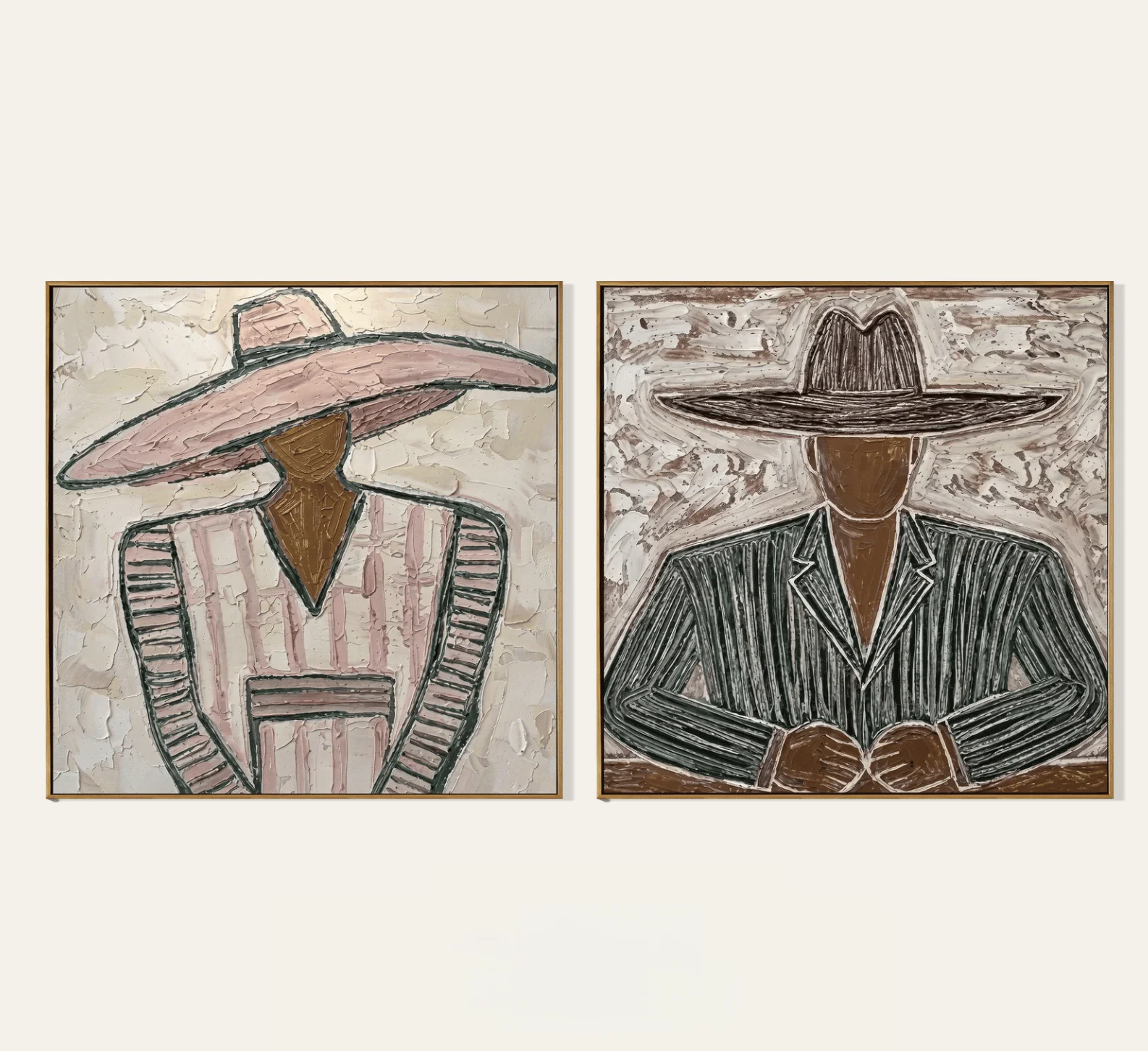 Neutral Western Cowboy Couple Wall Art Canvas Prints Posters Decor, Minimal Wide Hat Portrait For Living Room Bedroom Study