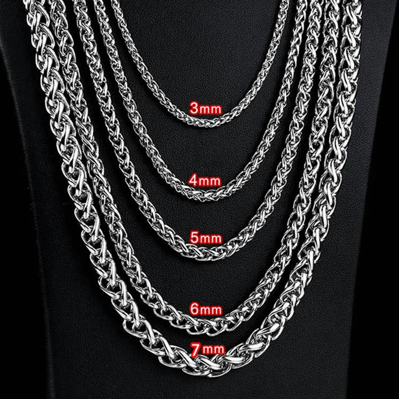 Wheat Chains for Men White Gold Color Stainless Steel Long Chain Accessories Hip Hop Punk Jewelry Women Gifts