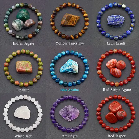 Original Reiki Blue Apatite Beads Bracelet Men Women Natural Lapis Lazuli Amethyst Yellow Tiger Eye Stone Beads Bracelet Jewelry