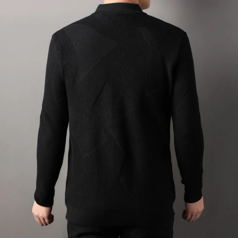 Men's Warm Long-sleeved Turn-down Collar Cardigan, Solid Color  Stretchable Sweater, High-quality Knitwear Daily Casual Wear.