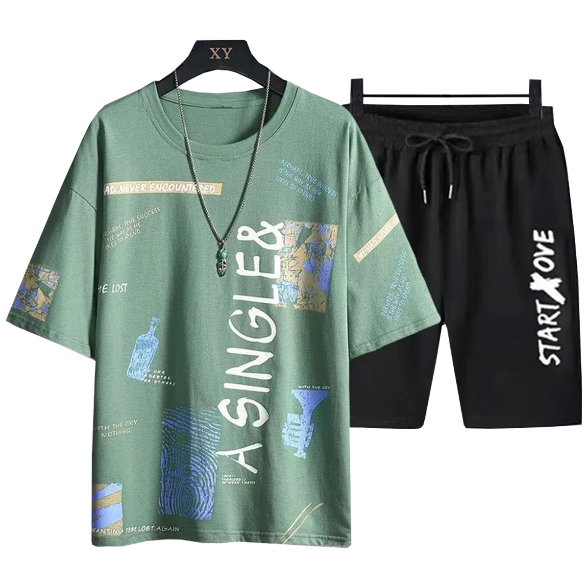 Men's Short Sleeved Shirt Casual Cropped Pants Letter Printed Pattern Spring Summer Sports Youth Student Couple Clothing