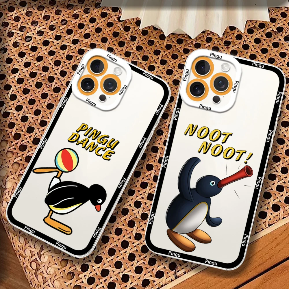 Cartoon P-Pingu Penguin Phone Case for iPhone 12 11 13 14 15 16 Max Pro Plus Transparent Bezel Cover