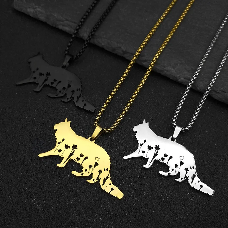 Cute Cat Flower Kitty Pendant Necklace for Women Men Stainless Steel Silver Color Animal Lover Chain Necklaces Jewelry collar