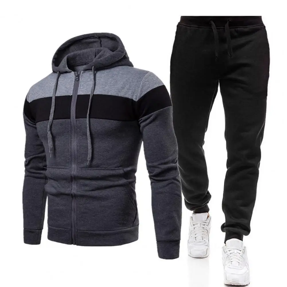 2 Pcs/Set Men Coat Pants Suit Hooded Zipper Closure Drawstring Pockets Elastic Waist Ankle-banded Men Tracksuit Sweatshirt Set