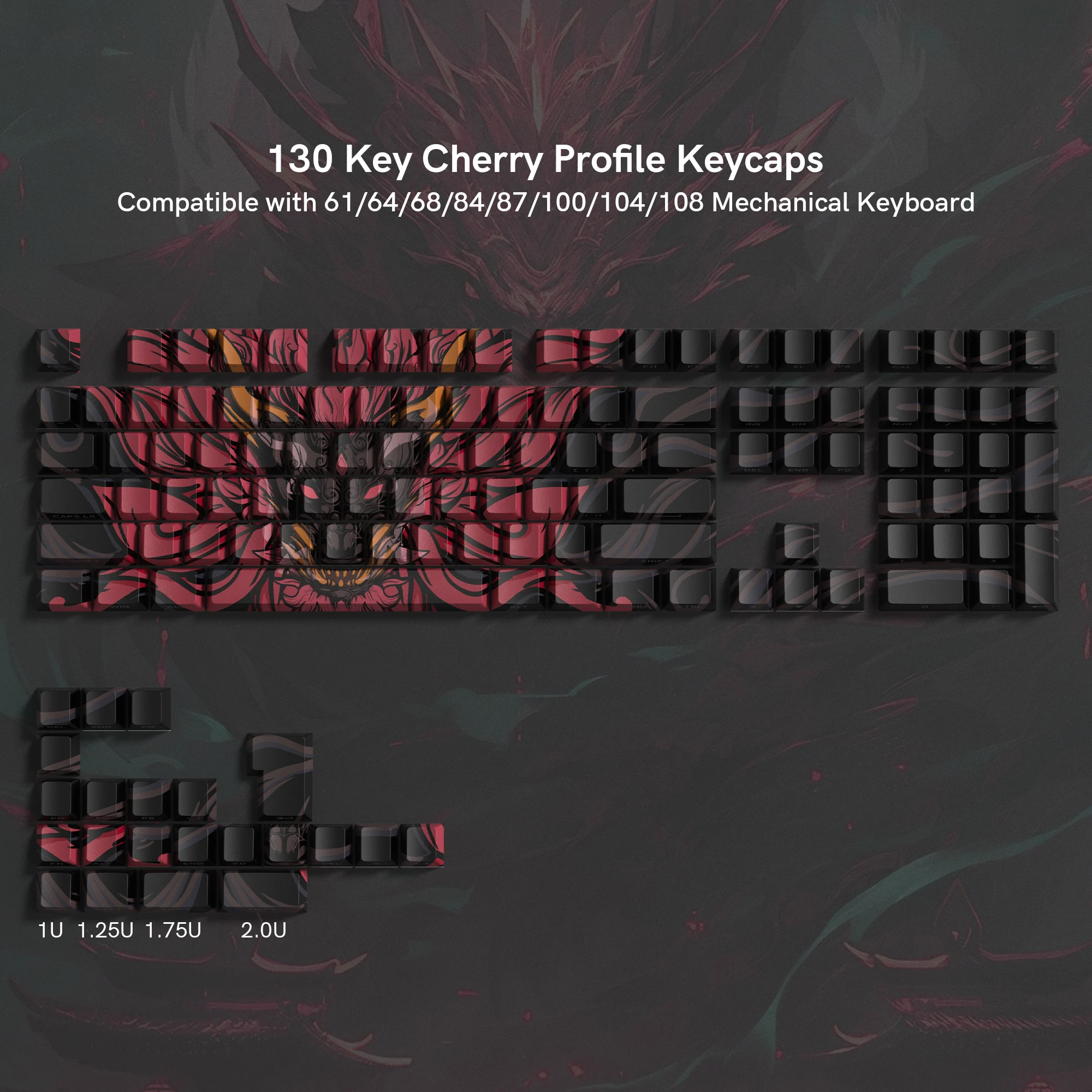 130 kunci tema Loong merah tua Dye Sub PBT Keycap profil Cherry bersinar melalui Keycaps untuk MX switch Keyboard Gaming