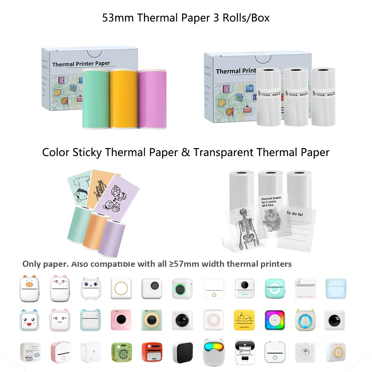 53MM Mini Thermal Printer Transparent Stickers Paper, Multicolor Photo Printer Labels Paper For Photo Journal Notes Memo