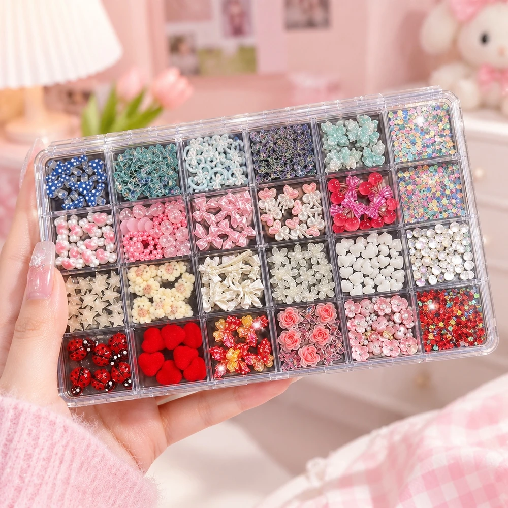 24Grids Soft Girl Nail Ornaments Multi-color Heart Star Pearl Bow Nail Embellishments For Daily Wear DIY Nail Art Charms