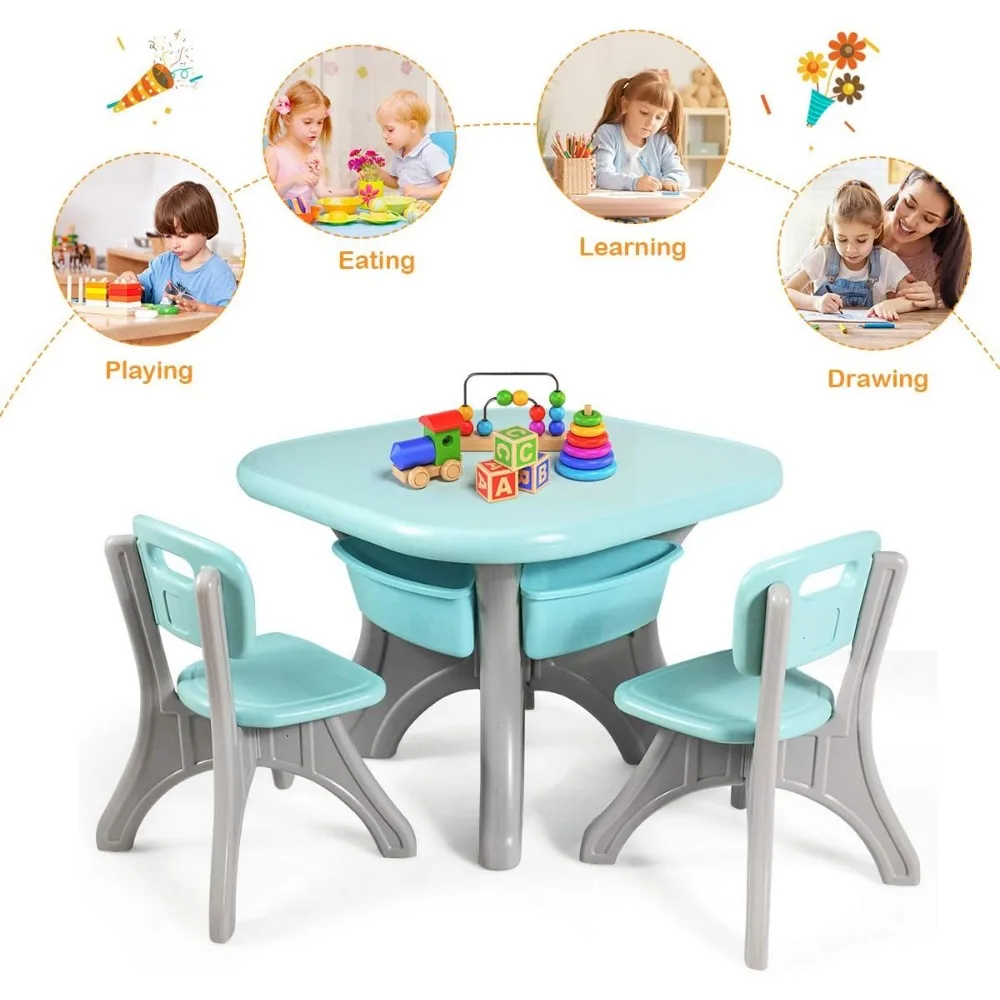 Kids Table and Chair Set, Plastic Children Activity Table and 2 Chair Set w/Storage Bins, 3 Piece Child Furniture Set