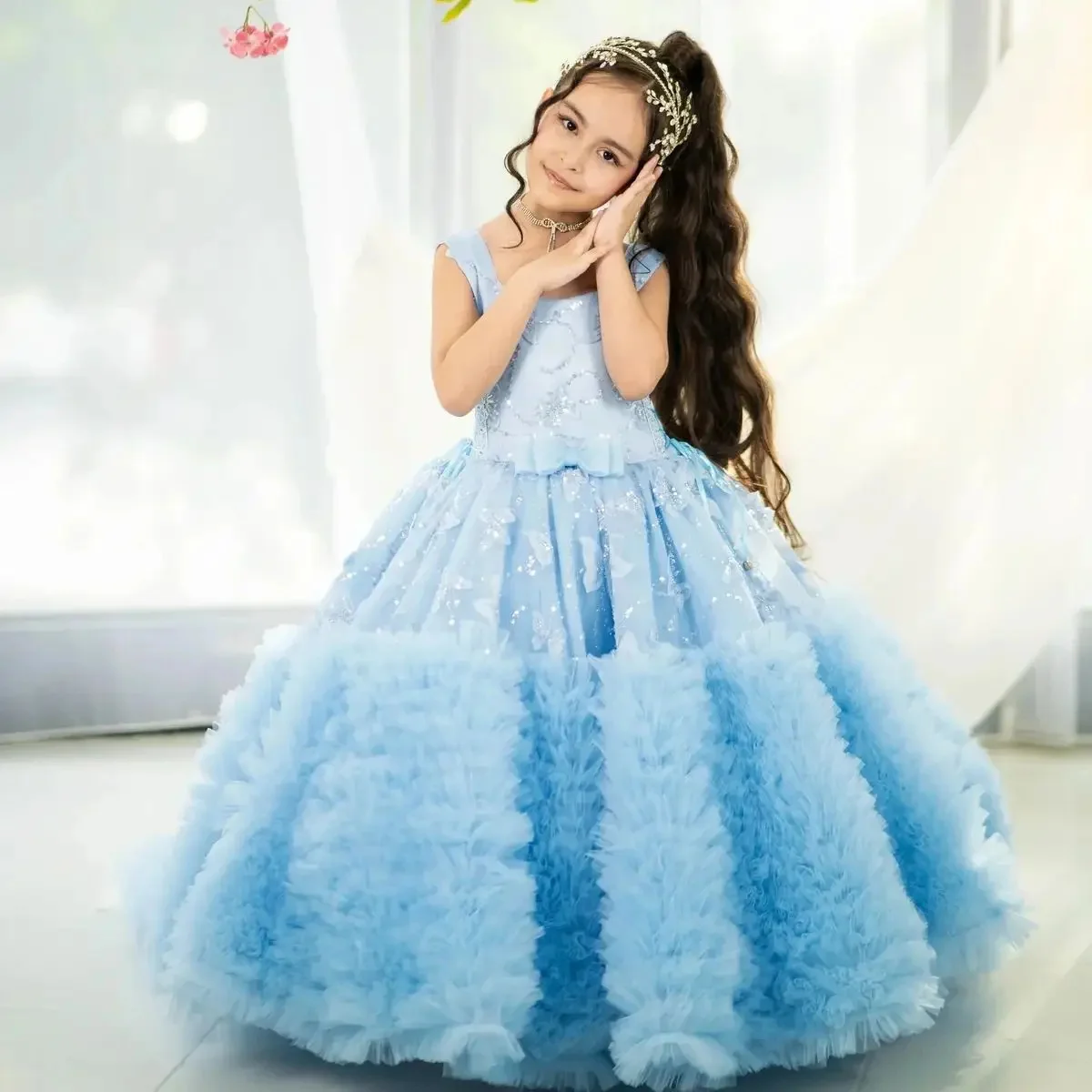 Flower Girl Dress for Wedding Butterfly Appliques Sleeveless Ruffles Tiered First Communion Birthday Party Ball Gown Custom