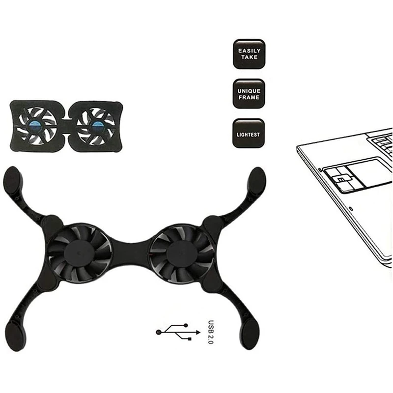 Складной кулер для ноутбука с 2-тихими светодиодными вентиляторами, USB-кулер, охлаждающий вентилятор, кронштейн, охлаждающая подставка для игрового ноутбука, черная