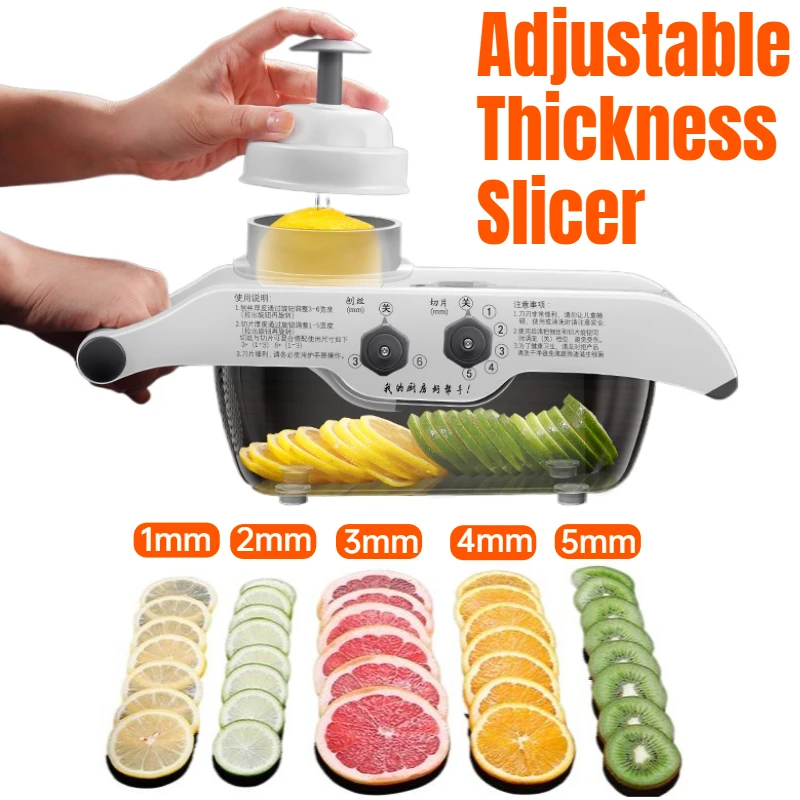 

Manual Vegetable Cutter 1mm-5mm Adjustable Thickness Lemon Slicer Vegetable Grater with Basket Kitchen Accessories Enduring