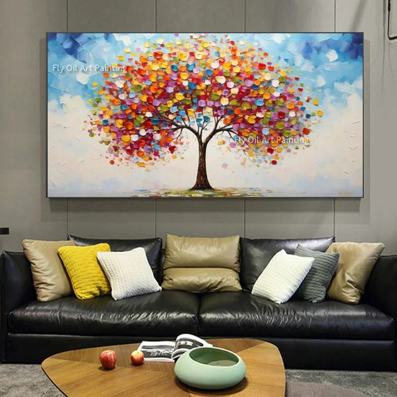 Colorful Tree Landscape Oil Painting Handpainted Orange Yellow Autumn Tree Scape Thick Canvas Wall Art Specail Modern Art Decor