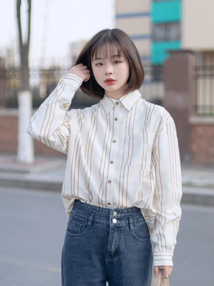

Korean Sle Women's irt Long Sve Striped Sun Protection Top Commute Faion High End Feeling Ladylike Design Spring Summer