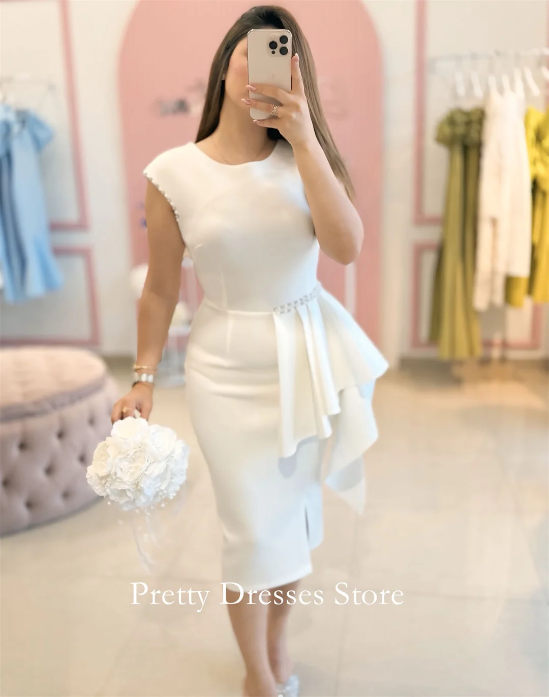 Stretch Crepe O-Neck Crystals Mermaid White Cap Sleeves Evening Dresses Customized Formal Prom Growns Party Women Bride