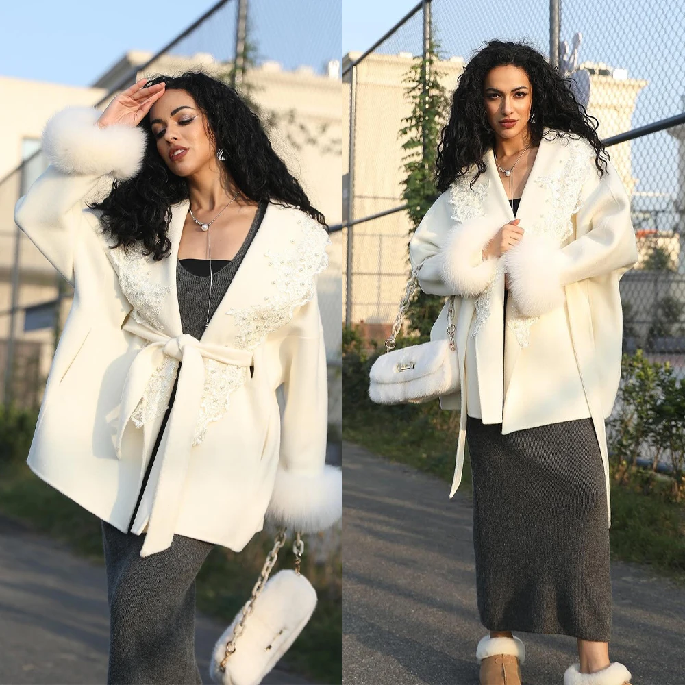 Manteau d'hiver en fausse fourrure pour femme, manteau en laine, grande taille, dentelle perlée, vêtements d'extérieur, pardessus, veste de poche, tenue chaude et épaisse personnalisée