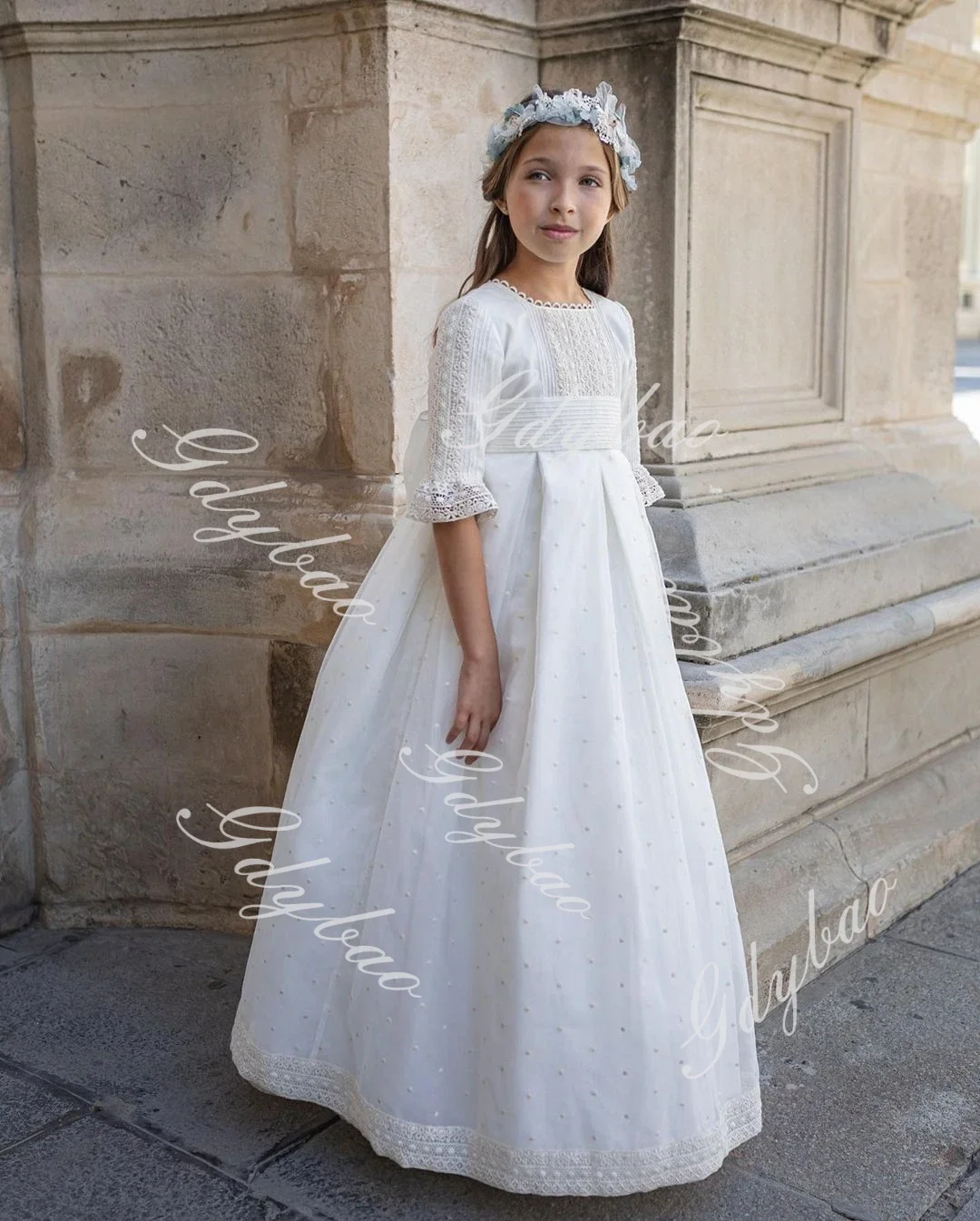 Robe blanche de première communion pour filles, vintage, princesse, dentelle, ruban, ceinture, ligne A, coton, mini demoiselle d'honneur, robe de soirée de mariage personnalisée