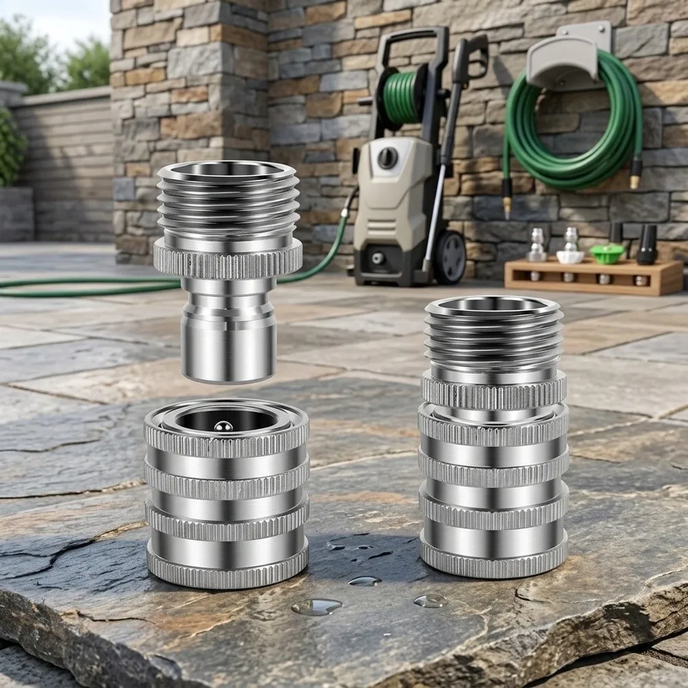 Garden Hose Quick Connect Set 4 Pack Stainless Steel 3/4 Inch GHT Fittings for Reliable Leak Resistant Water Flow in Outdoor Use