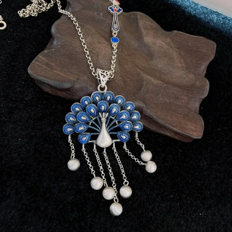 Classics 925 Silver Tassel Blue Peacock Big Pendant Enamel Craft Necklace Creative National Style Keel Chain Banquet Jewelry