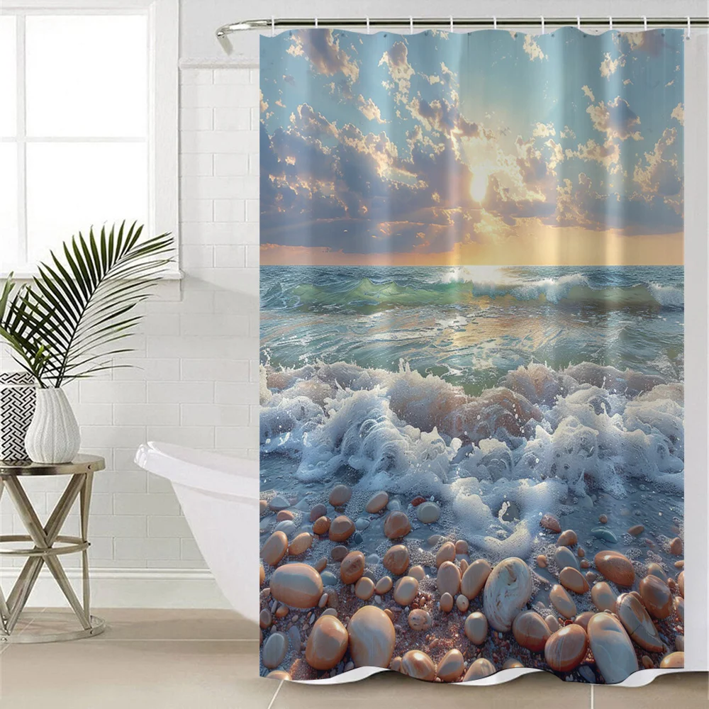 

1 шт., занавеска для душа для ванной комнаты с океанской волной — установка без сверления, машинная стирка, полиэстеровая занавеска для ванны с крючками, бережный маяк