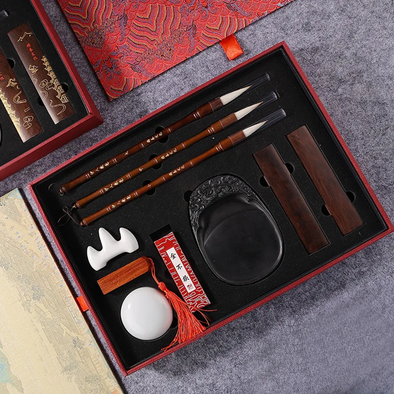 Chinese Calligraphy Gift Set Four Treasures of the Study with Mixed Hair Brush, Ink Stick, Inkstone, Xuan Paper, Seal and