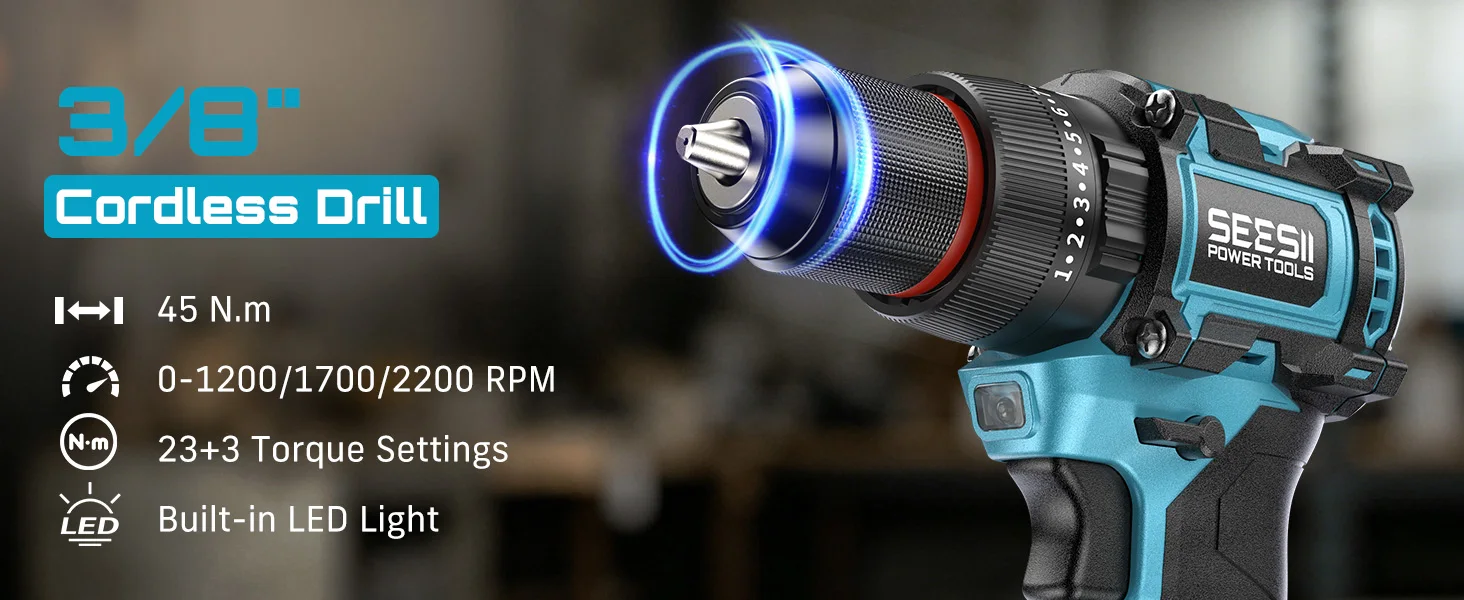 SEESII 3/8'' Drill & 1/4'' Impact Driver 21V Cordless Electric Brushless Drill Impact Wrench Variable Speed Screwdriver Battery Powered Tool Kit with 2x4.0Ah Batteries LED Light