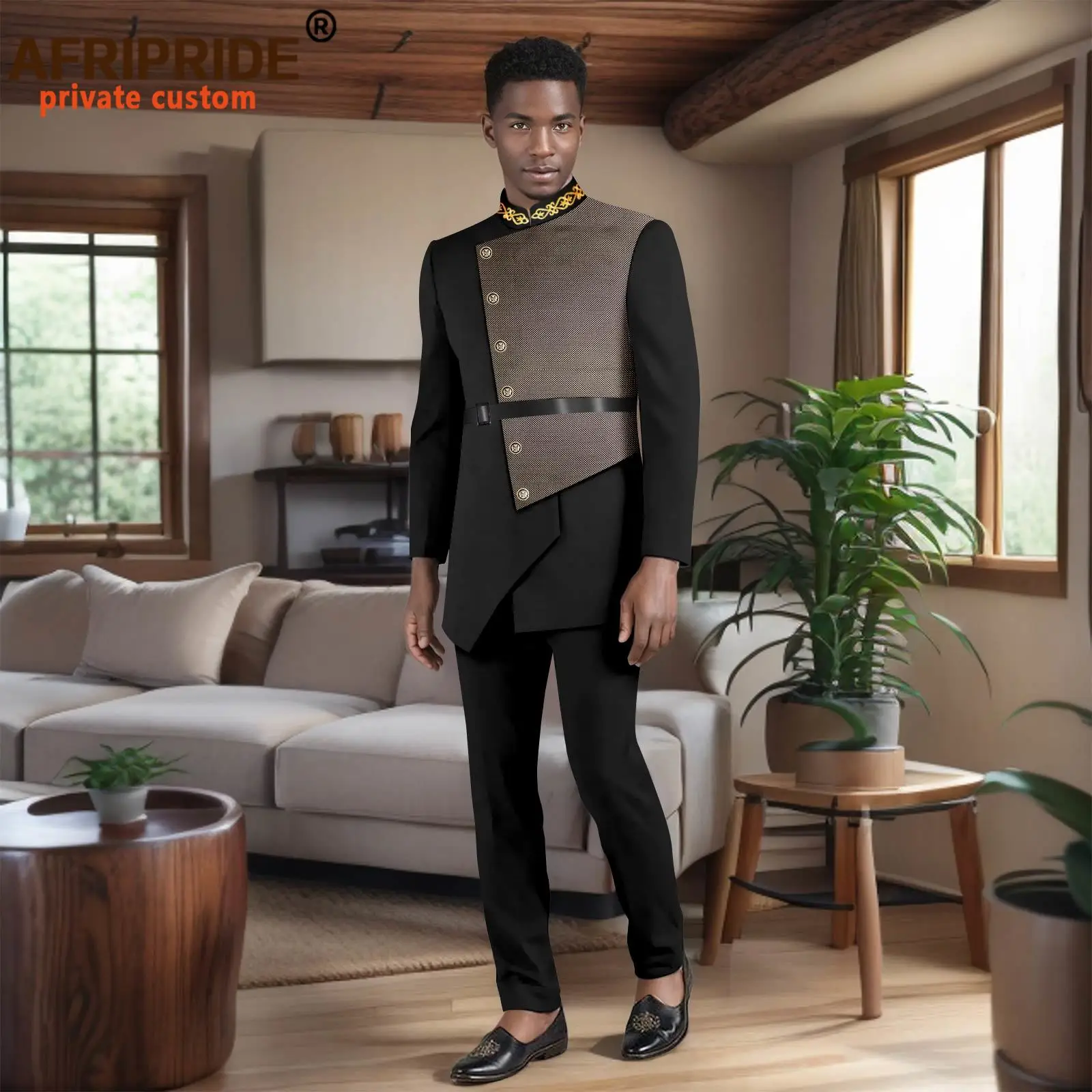 African Suits for Men Single Breasted Dashiki Jackets and Pants 2 Piece Set Dashiki Clothes Formal Outfits with Belt 2516007