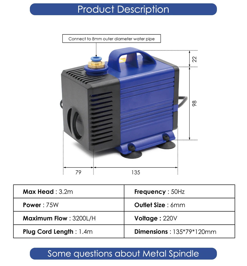G-PENNY 0,8 kW ER11 Metallbearbeitungsspindelmotor, Bullet-Typ, 110 V/220 V, wassergekühlt, Keramiklager & 1,5 kW H100 VFD & 75 W Pumpe – Detail 12