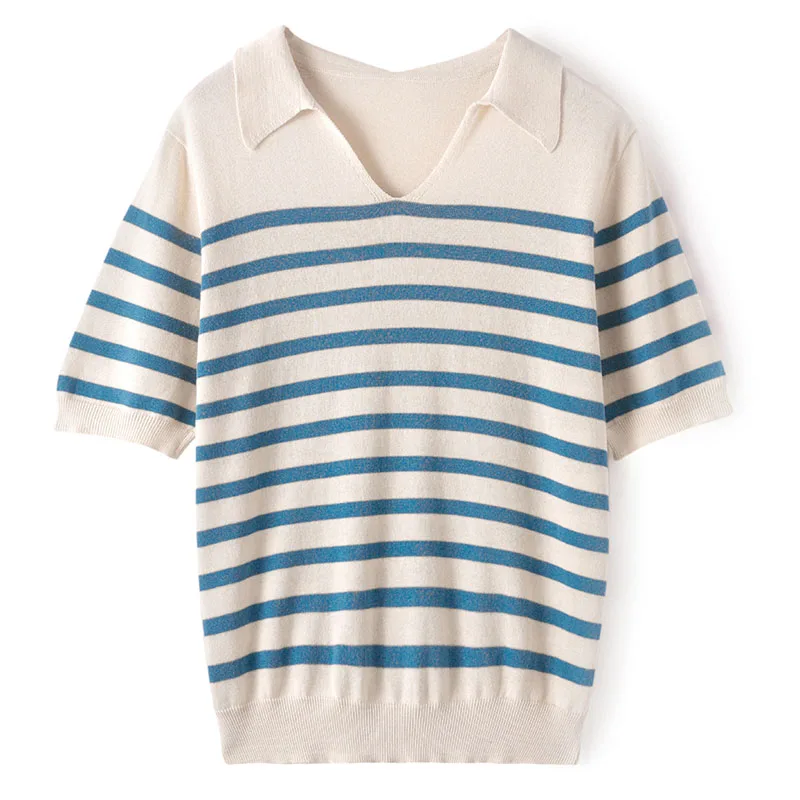 100% Cotton Women V-neck Striped French Style Luxury Designer Clothing Woman Plus Size Clearance Sale