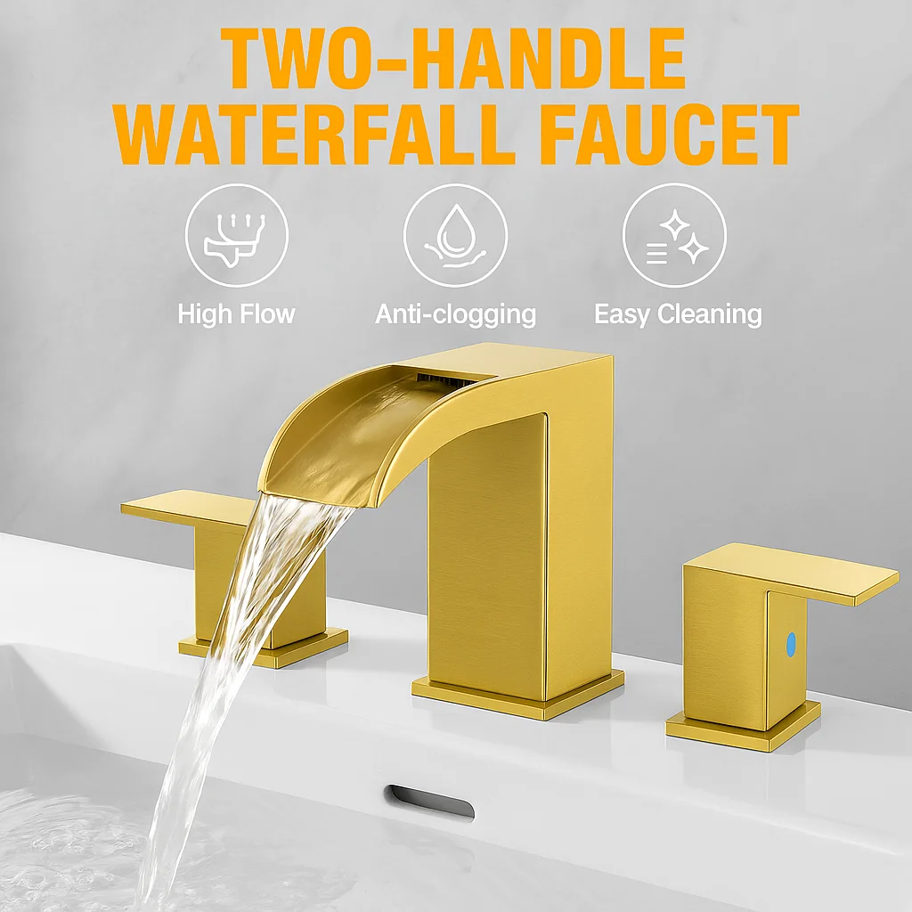 

Brushed Gold Widespread Bathroom Faucet 8 Inch 3 Hole Waterfall Sink Faucet with 2 Handles Pop Up Drain and Supply Lines