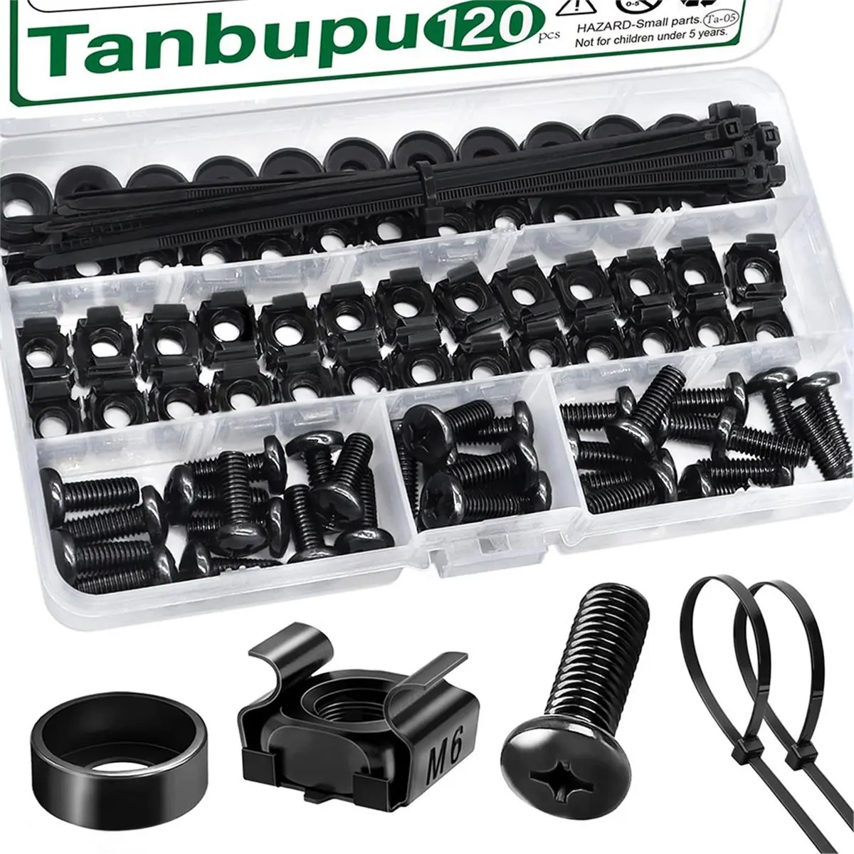 AB09 120pcs M6 Cage Screw Nut Washer Set Self-Locking Cable Ties Assortment Kit for Server Shelf Cabinets & Rack Mount Thread