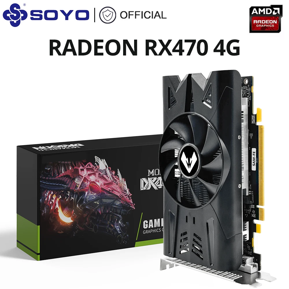 SOYO AMD Radeon RX470 4G Graphics Card GDDR5 Memory 256Bit Gaming Card PCIE3.0x16 DP DVI HDMI for Desktop Computers